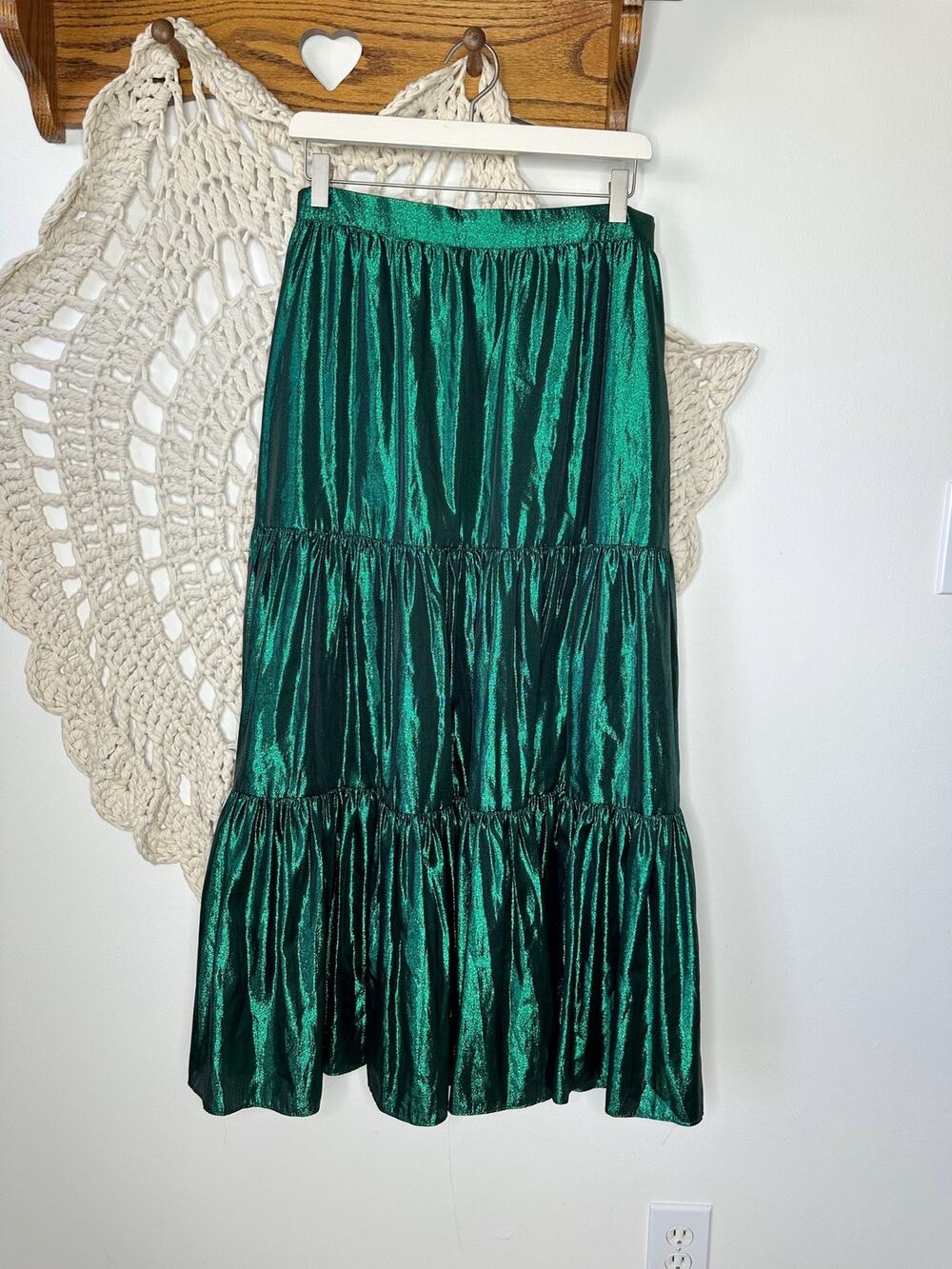 NEW J.Crew Tiered Maxi Skirt In Metallic Lame Green Size Medium